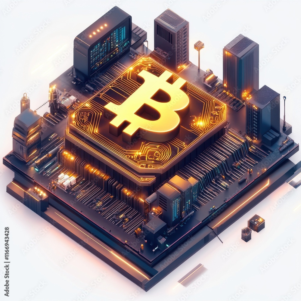 Poster digital representation of bitcoin on a circuit board, showcasing technology and finance integration.