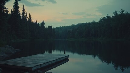 Serene sunset over calm lake with wooden dock, surrounded by lush evergreen forest.