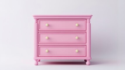 A pink children's chest of drawers, isolated against a white background