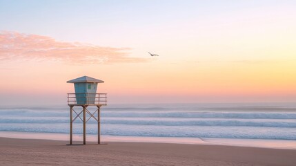 Serene sunrise over ocean beach with lifeguard tower.