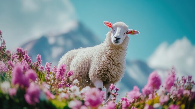 Fluffy white sheep standing in vibrant pink flowers against a mountain backdrop.