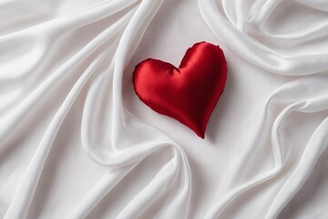 Red heart cushion resting on white satin cloth