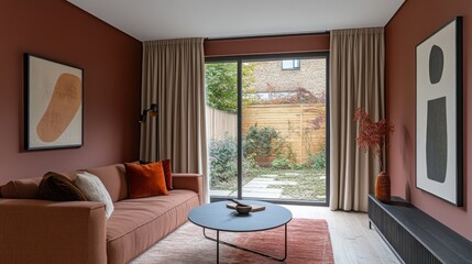 Fototapeta premium Modern living room with terracotta walls, beige curtains, and patio doors opening to a garden.