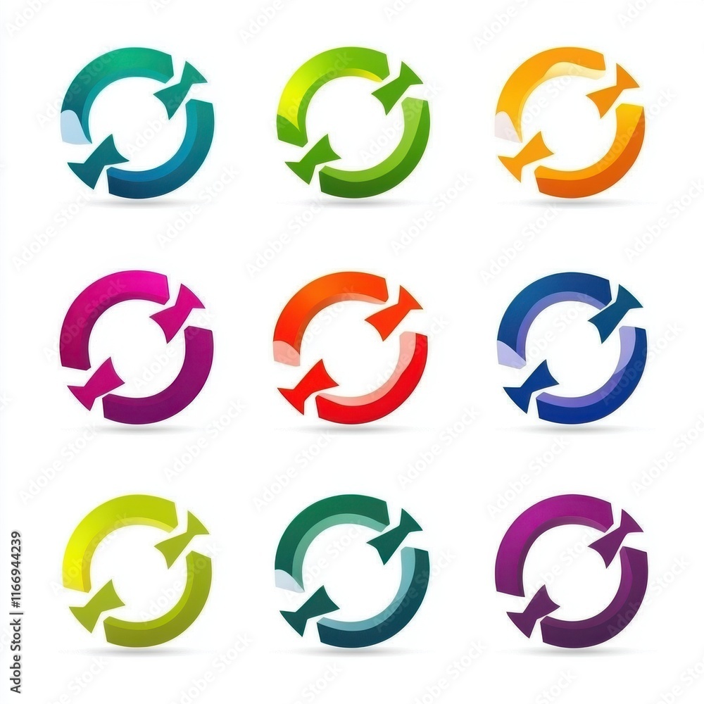 Poster colorful circular arrows representing recycling and refresh concepts in various vibrant hues.