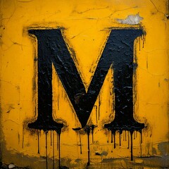 Close-up photograph of a large Alphabet letter M painted on a textured yellow wall. The wall has a rough, pebbled texture and the paint is slightly chipped and worn.
