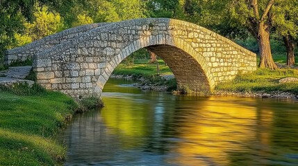 Fototapeta premium Stone arch bridge over calm river at sunset, reflecting golden light.