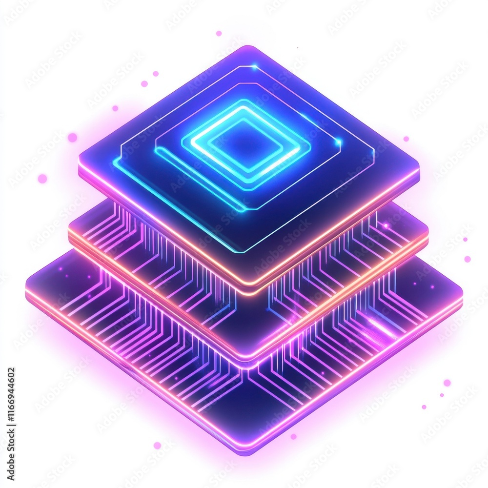 Aufkleber futuristic layered microchip design with vibrant neon colors and glowing circuits.