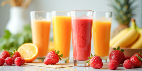 fruit and fruit smoothie in glasses