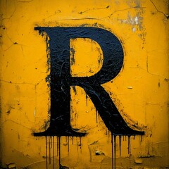 Close-up photograph of a large Alphabet letter R painted on a textured yellow wall. The wall has a rough, pebbled texture and the paint is slightly chipped and worn.