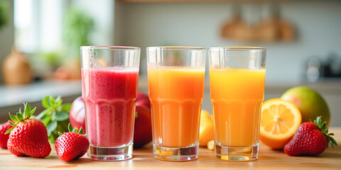 fruit and fruit smoothie in glasses