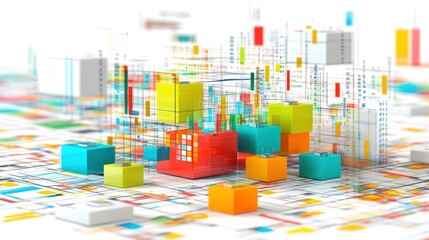 Colorful 3D blocks and charts illustrate data visualization, business analytics, and workflow processes.