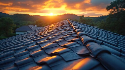 Fototapeta premium Sunset over a roof with a scenic landscape.