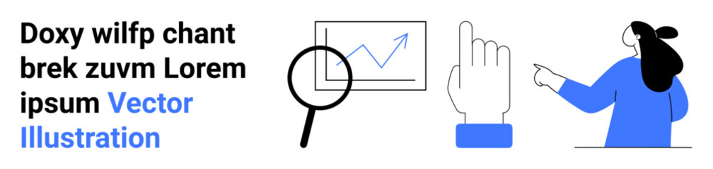 Woman pointing at a rising line graph, magnifying glass over chart, open hand icon. Ideal for business presentations, data analysis, educational content, marketing materials, financial reports