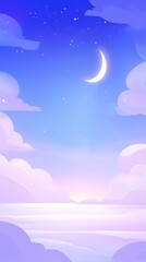 Crescent moon shining over a pastel colored landscape with clouds and stars