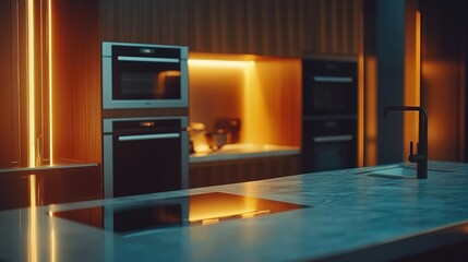 Modern kitchen with built-in ovens, sleek countertop, and warm lighting.