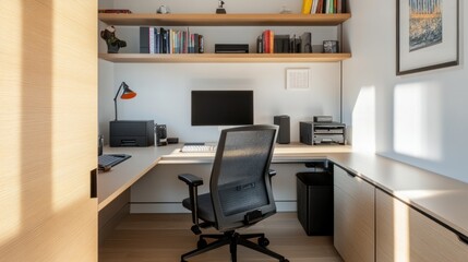 Modern home office with L-shaped desk, ergonomic chair, and built-in shelving.