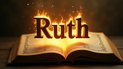 The name ruth floats gracefully a couple of inches above the open pages of an ancient Bible, as though it is levitating in mid-air