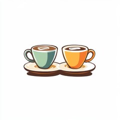 Fototapeta premium Two vibrant coffee cups, one blue and one orange, elegantly placed on wooden saucers against a bright background.