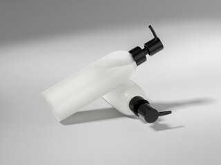 cylindrical Pump bottles mockup, slim lotion dispenser bottles lay flat isolate on background, translucent plastic pump packaging, frost plastic liquid container dispenser, liquid contributor mockup