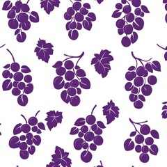 Vibrant purple grapes with green leaves create a refreshing pattern on a white background.