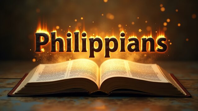 The name philippians floats gracefully a couple of inches above the open pages of an ancient Bible, as though it is levitating in mid-air