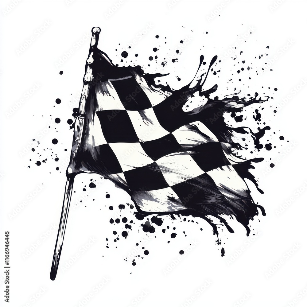 Poster dynamic black and white checkered flag splashed with paint, symbolizing speed and competition.