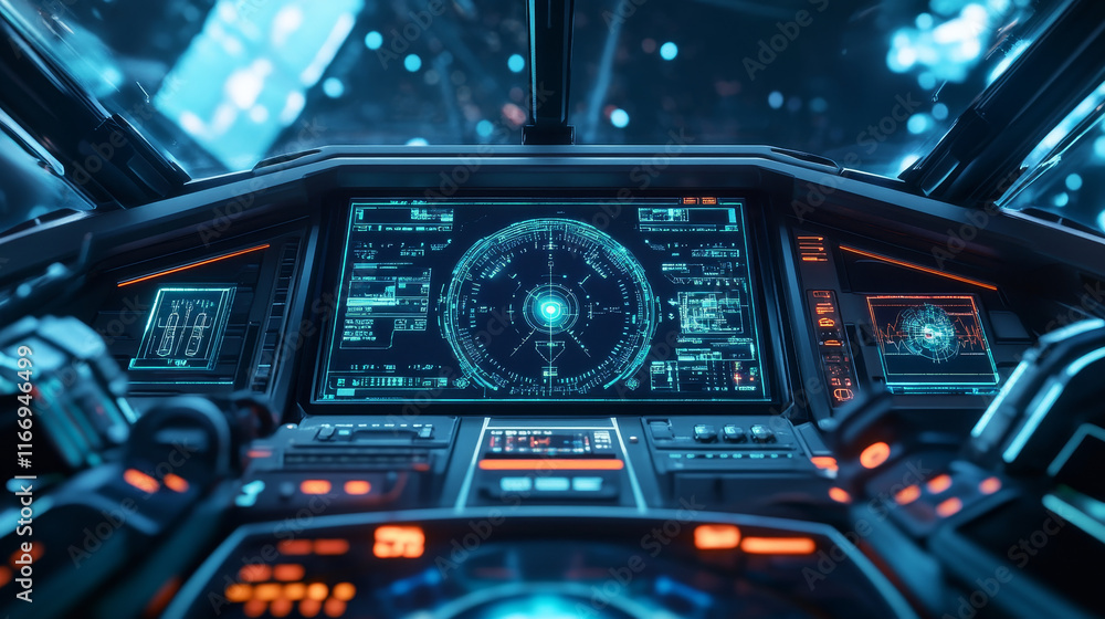 Poster military hud target aim control and radar screen, futuristic dashboard. sci fi spaceship gun crossha
