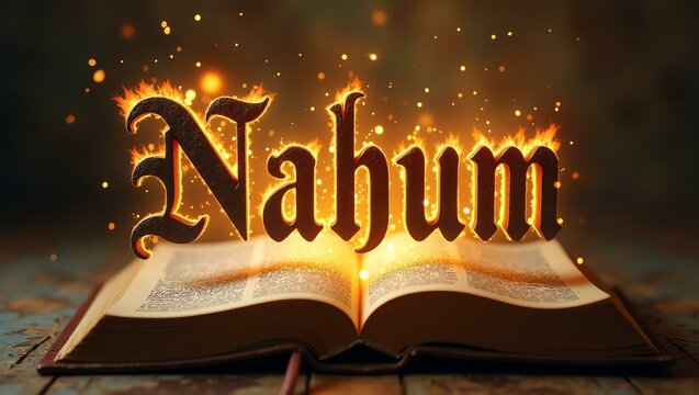 The name nahum floats gracefully a couple of inches above the open pages of an ancient Bible, as though it is levitating in mid-air