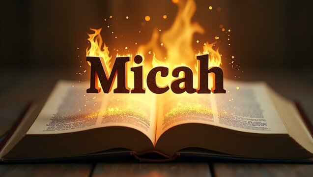 The name micah floats gracefully a couple of inches above the open pages of an ancient Bible, as though it is levitating in mid-air
