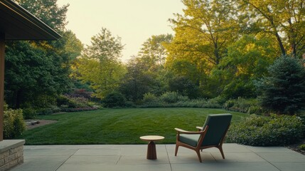 Serene backyard patio with chair, table, and lush green lawn.