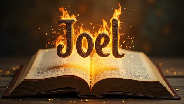 The name joel floats gracefully a couple of inches above the open pages of an ancient Bible, as though it is levitating in mid-air