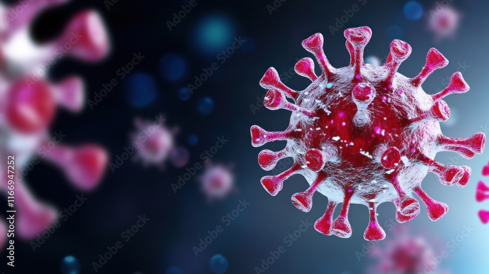 Poster close-up view of a virus model with spikes and colorful background.