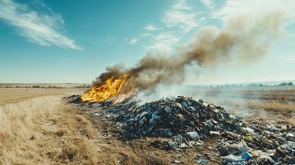 Pile of trash burning in an open field, with smoke rising into blue sky, surrounded by dry grass, environmental damage caused by improper waste disposal