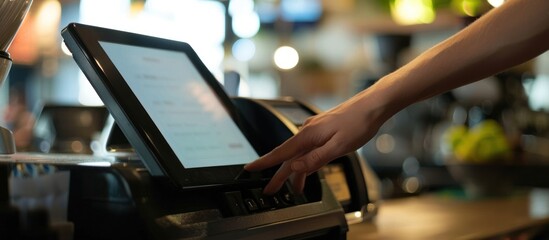Close-up of hand using a POS system.
