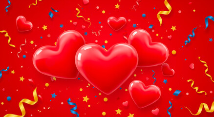 Valentine's Day, hearts and ribbons on red background for love, festive and romantic celebration. Holiday, decoration and banner with card, event or greeting design