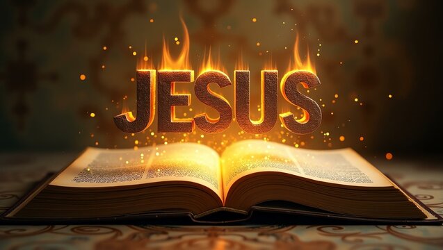 The name Jesus floats gracefully a couple of inches above the open pages of an ancient Bible, as though it is levitating in mid-air
