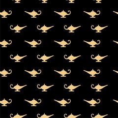 Magic lamp or Aladdin lamp icon isolated seamless pattern on black background