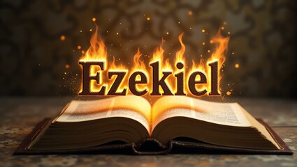 The name ezekiel floats gracefully a couple of inches above the open pages of an ancient Bible, as though it is levitating in mid-air