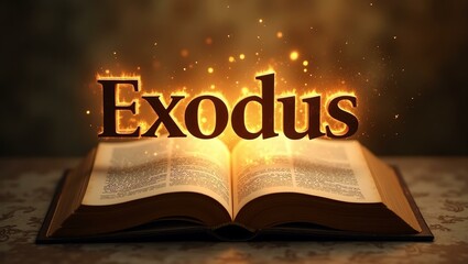 The name exodus floats gracefully a couple of inches above the open pages of an ancient Bible, as though it is levitating in mid-air