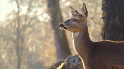 A young deer in a sunlit forest, looking to the side.