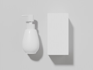 Pump bottle and box mockup, front view waterdrop shape dispenser bottle, elegant cylindrical cosmetic packaging, personal care bottle, lotion container, liquid product container, hair serum packaging