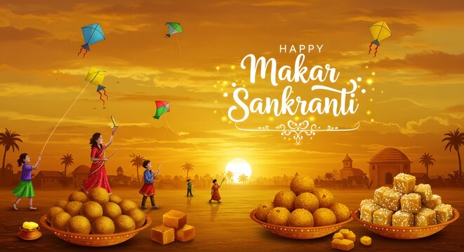 Warm sunset scene of a family flying colorful kite with traditional Indian sweets in the foreground. Represents joy, tradition, and the festive spirit of Makar Sankranti celebration