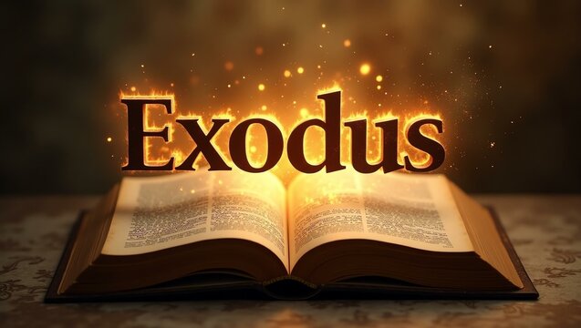 The name exodus floats gracefully a couple of inches above the open pages of an ancient Bible, as though it is levitating in mid-air