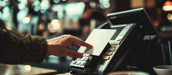 Close-up of hand using contactless payment terminal.