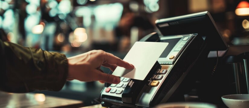 Close-up of hand using contactless payment terminal.