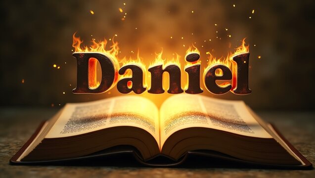 The name daniel floats gracefully a couple of inches above the open pages of an ancient Bible, as though it is levitating in mid-air