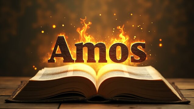 The name amos floats gracefully a couple of inches above the open pages of an ancient Bible, as though it is levitating in mid-air