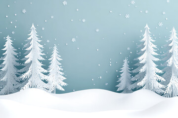 Naklejka premium A serene winter landscape featuring snow-covered trees and gently falling snowflakes.