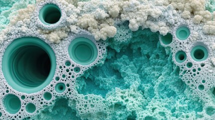 Abstract teal and white textured surface with holes and porous formations.