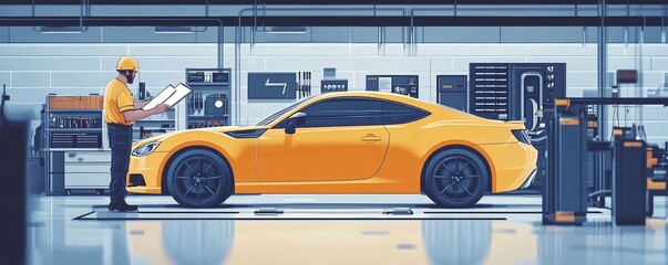 Auto check up and car service shop concept. Mechanic writing job checklist to clipboard to estimate repair quotation to client at workshop garage, Generative AI